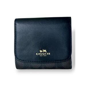 Coach Small Tri-Fold Wallet Black Leather & Signature Canvas Card Holder